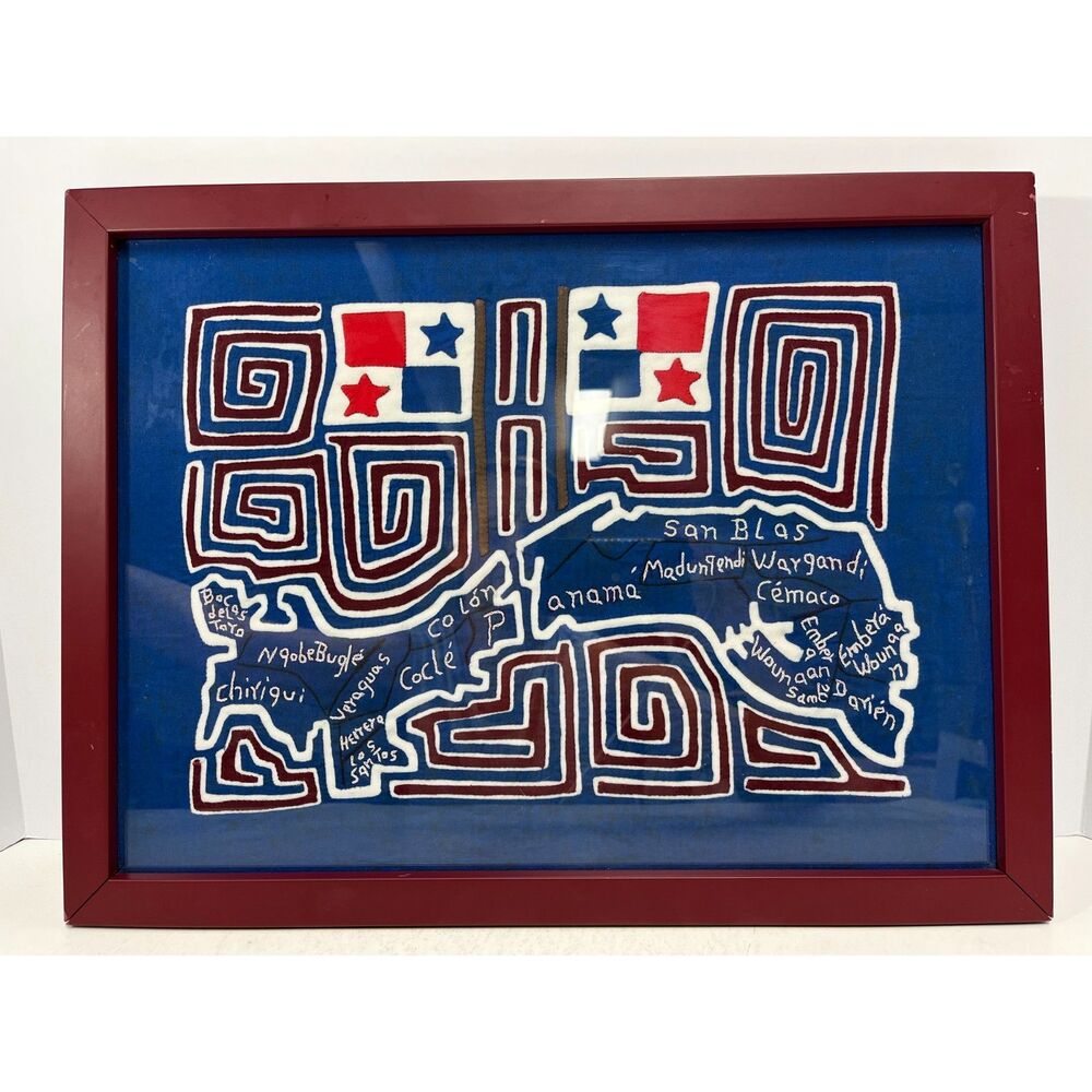 Vintage Framed Panama San Blas Mola Textile Folk Art Map Hand Appliqué